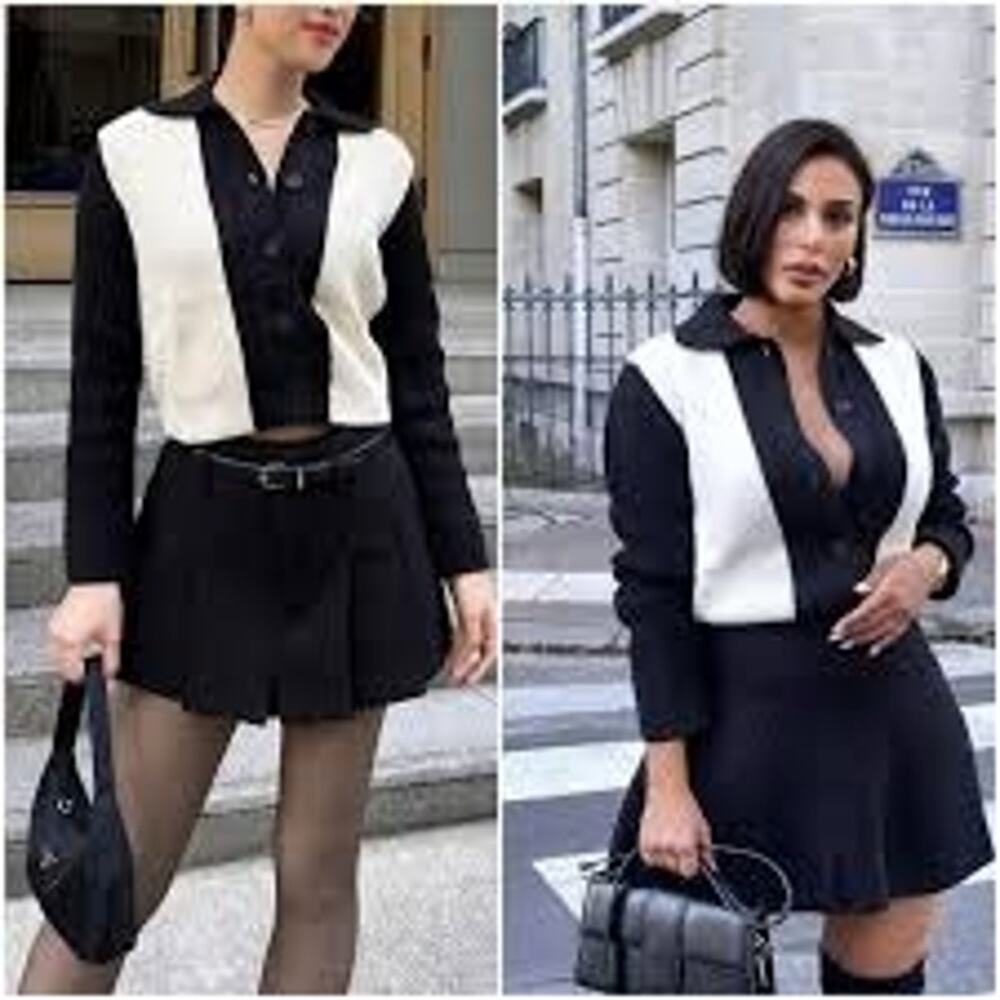 Zara Black White Ribbed Knit Collared Button Front Colorblock Cardigan Sweater S